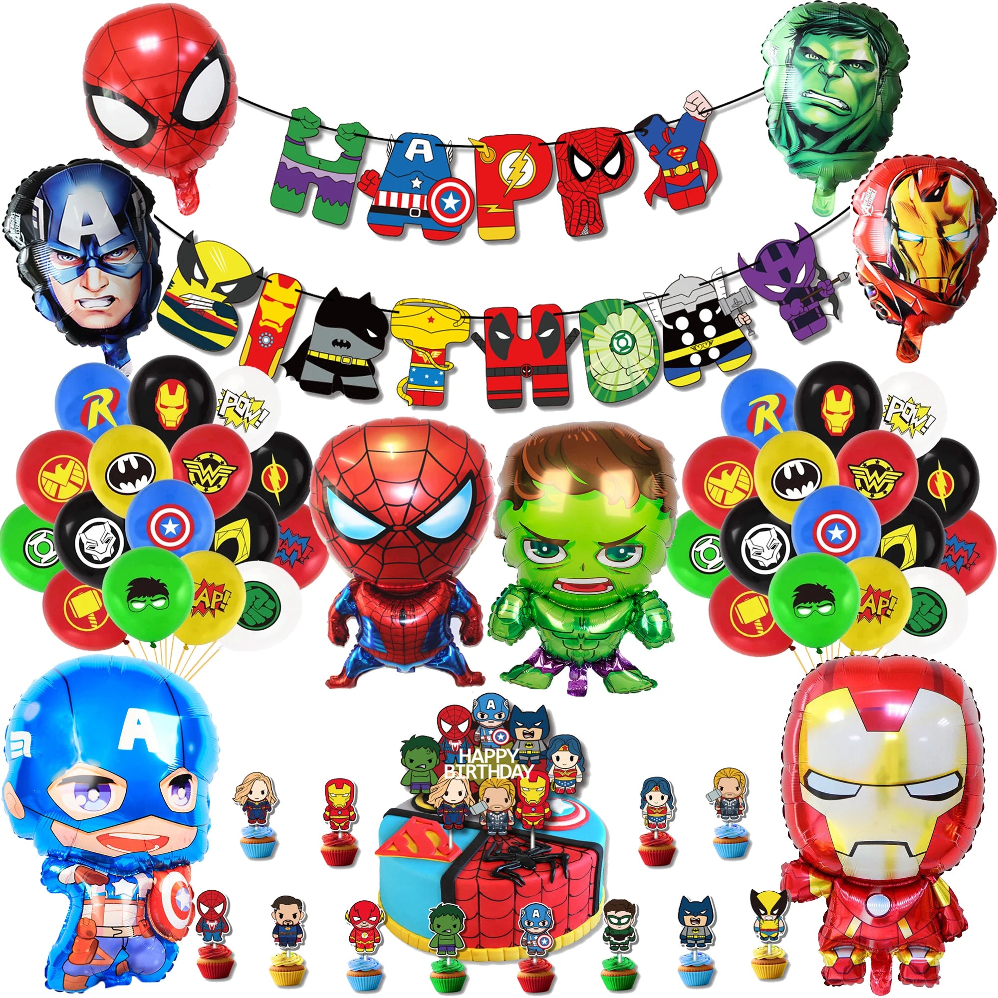 Spiderman Hulk Iron Man Foil Balloons Superhero Latex Ballon Happy Birthday Banner Hero Party Decoration Boy Child Cake Topper