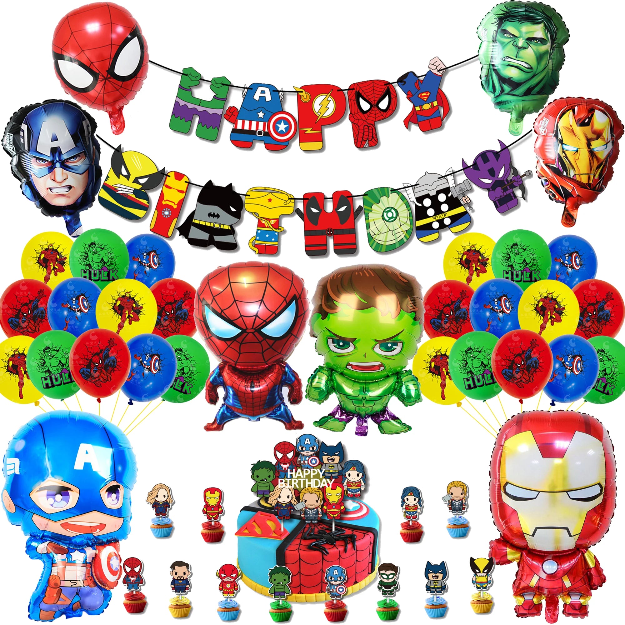 Spiderman Hulk Iron Man Foil Balloons Superhero Latex Ballon Happy Birthday Banner Hero Party Decoration Boy Child Cake Topper