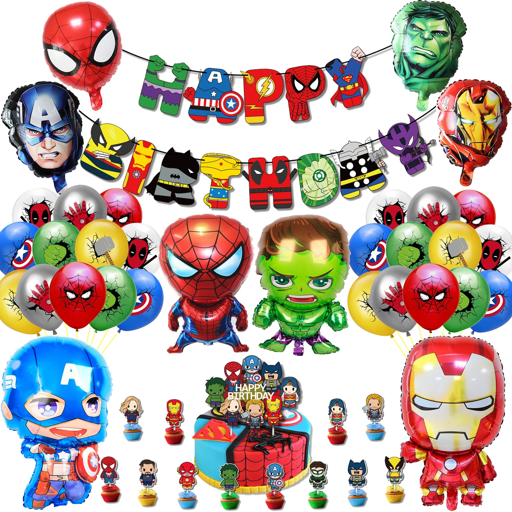 Spiderman Hulk Iron Man Foil Balloons Superhero Latex Ballon Happy Birthday Banner Hero Party Decoration Boy Child Cake Topper