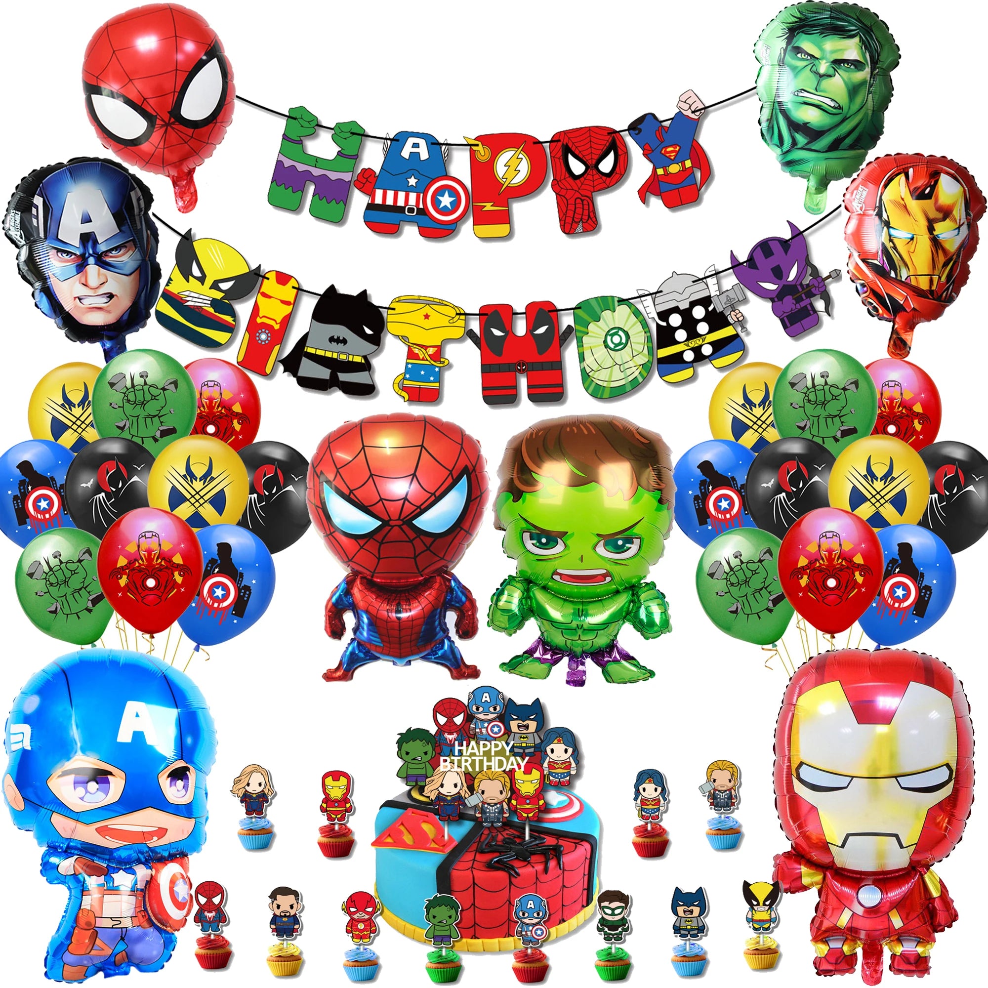 Spiderman Hulk Iron Man Foil Balloons Superhero Latex Ballon Happy Birthday Banner Hero Party Decoration Boy Child Cake Topper